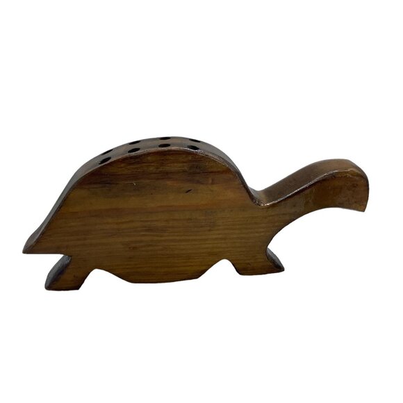 Vtg Handmade Wood Turtle Pencil Paint Brush Holder Made in Haiti 10" x 4" Brown - Picture 3 of 6
